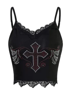 Clearance Retro Stage Halloween Cross Rhinestone Camisole Black