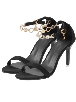 Online Retro Stage Pearl Chain Metal Point Toe Cone Heels Black