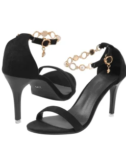 Online Retro Stage Pearl Chain Metal Point Toe Cone Heels Black