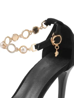 Online Retro Stage Pearl Chain Metal Point Toe Cone Heels Black