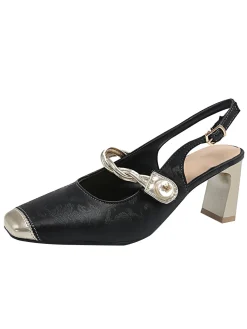 Fashion Retro Stage Pearl Slingback High Heel Shoes Black