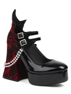 New Retro Stage Retro Pearl Lace Gothic High Heel Shoes Black