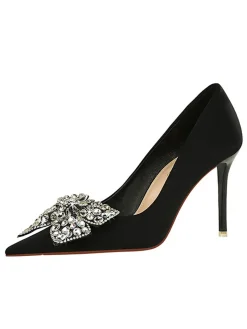 Fashion Retro Stage Rhinestone Satin Pointed Toe Stiletto Heels Black