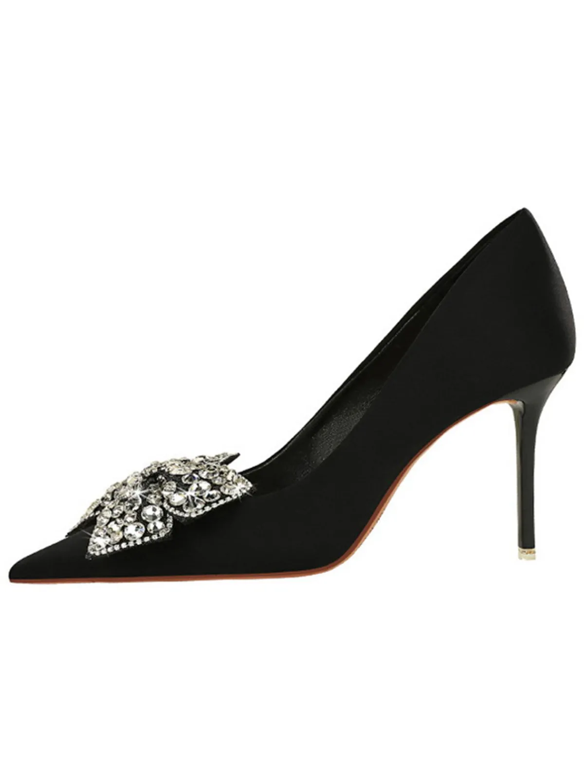Fashion Retro Stage Rhinestone Satin Pointed Toe Stiletto Heels Black