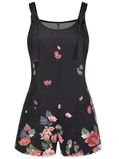 Online Retro Stage 1950s Adjustable Straps Floral Romper Black