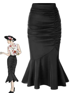 Discount Retro Stage 1930s Asymmetric Pleated Fishtail Skirt Black