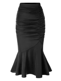 Discount Retro Stage 1930s Asymmetric Pleated Fishtail Skirt Black