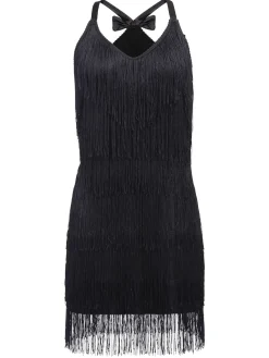 Clearance Retro Stage 1920s Back Bow Tassel Flapper Dress Black