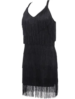 Clearance Retro Stage 1920s Back Bow Tassel Flapper Dress Black