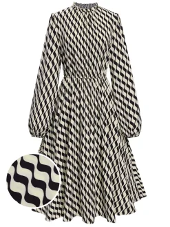 New Retro Stage 1940s Balloon Sleeve Pleated Chevron Dress Black