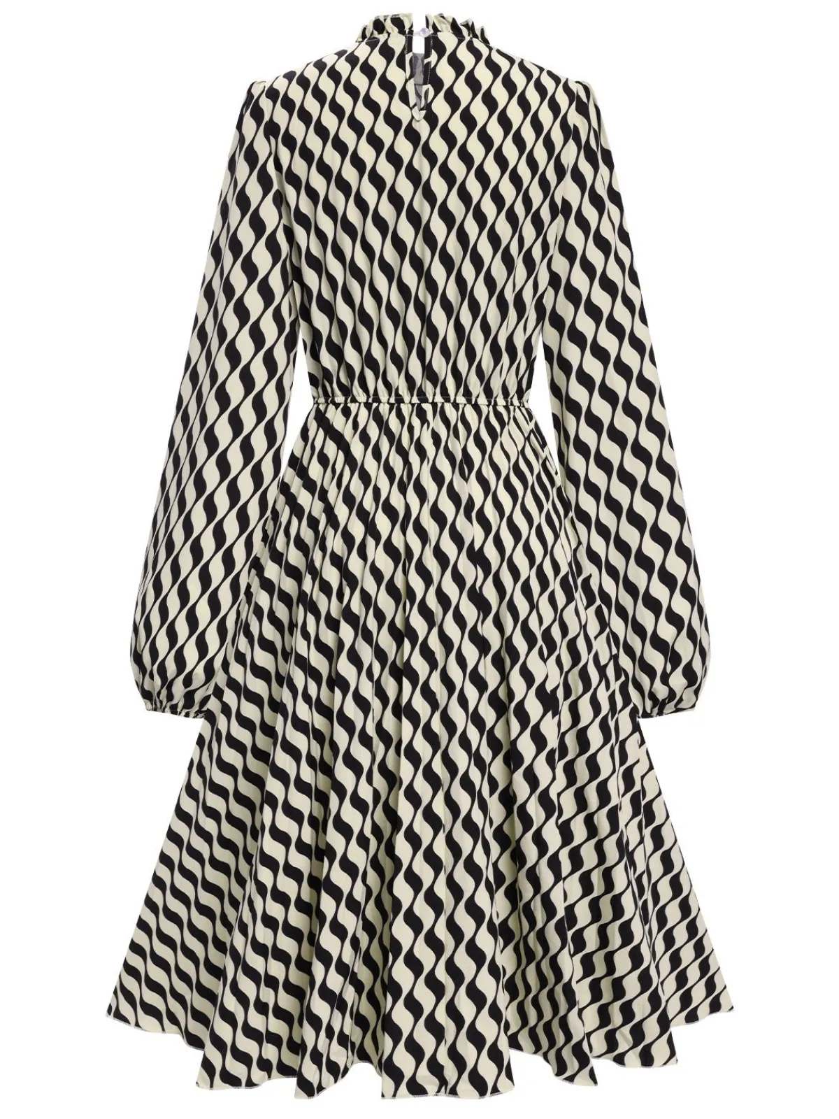 New Retro Stage 1940s Balloon Sleeve Pleated Chevron Dress Black