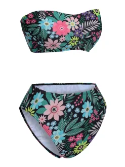 Clearance Retro Stage 1950s Bandeau Floral Swimsuit Black