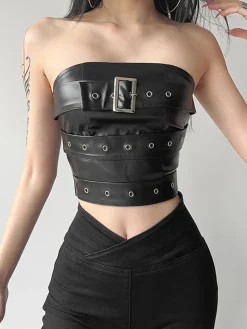 Best Retro Stage 1980s Bandeau Punk Leather Top Black