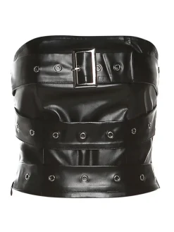 Best Retro Stage 1980s Bandeau Punk Leather Top Black