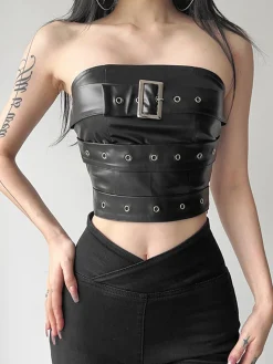Best Retro Stage 1980s Bandeau Punk Leather Top Black