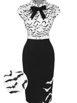 Online Retro Stage 1960s Bats Bow Lapel Pencil Dress Black