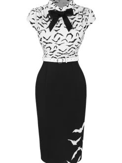 Online Retro Stage 1960s Bats Bow Lapel Pencil Dress Black