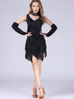 Fashion Retro Stage 1920s Beading Fringed Hem Dress With Sleeves Black