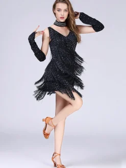 Fashion Retro Stage 1920s Beading Fringed Hem Dress With Sleeves Black