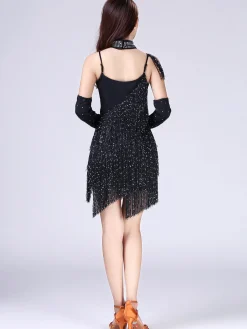 Fashion Retro Stage 1920s Beading Fringed Hem Dress With Sleeves Black