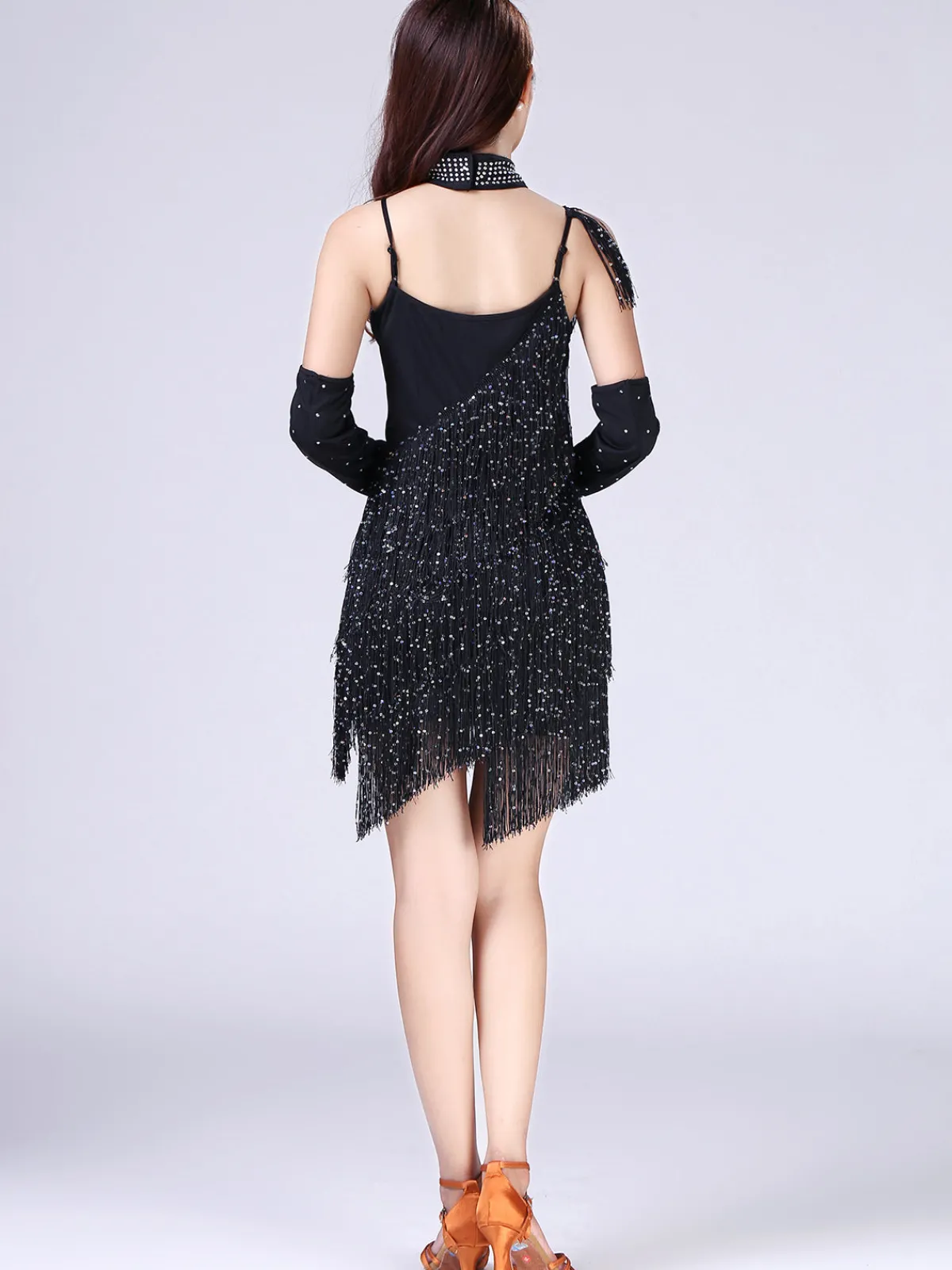 Fashion Retro Stage 1920s Beading Fringed Hem Dress With Sleeves Black