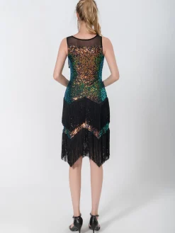 Outlet Retro Stage 1920s Beading Sleeveless Fringed Hem Dress Black
