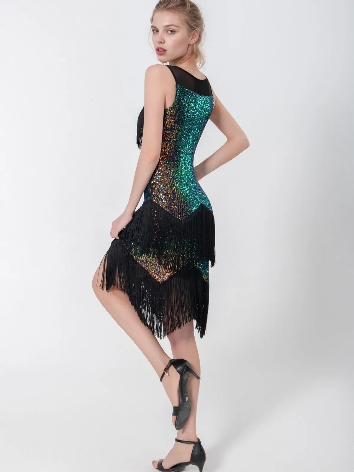Outlet Retro Stage 1920s Beading Sleeveless Fringed Hem Dress Black