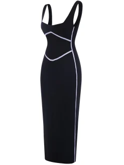 Sale Retro Stage 1930s Binding Square Neck Bodycon Dress Black