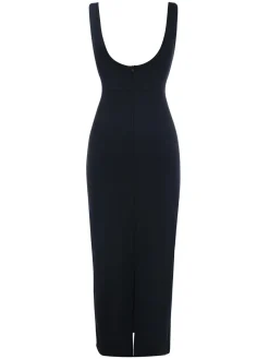 Sale Retro Stage 1930s Binding Square Neck Bodycon Dress Black