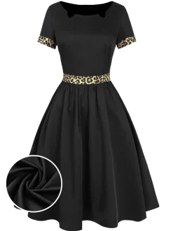 Fashion Retro Stage 1950s Boat Neck Leopard Patchwork Dress Black