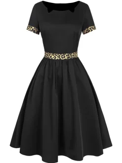 Fashion Retro Stage 1950s Boat Neck Leopard Patchwork Dress Black