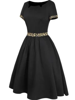 Fashion Retro Stage 1950s Boat Neck Leopard Patchwork Dress Black