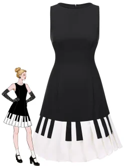 Sale Retro Stage 1960s Boat Neck Piano Key Patchwork Dress Black