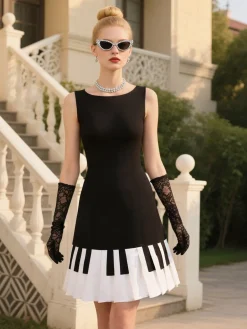 Sale Retro Stage 1960s Boat Neck Piano Key Patchwork Dress Black