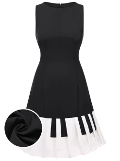 Sale Retro Stage 1960s Boat Neck Piano Key Patchwork Dress Black