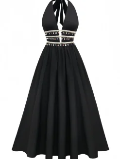 Hot Retro Stage 1970s Bohemian Shell Fringe Smocked Dress Black