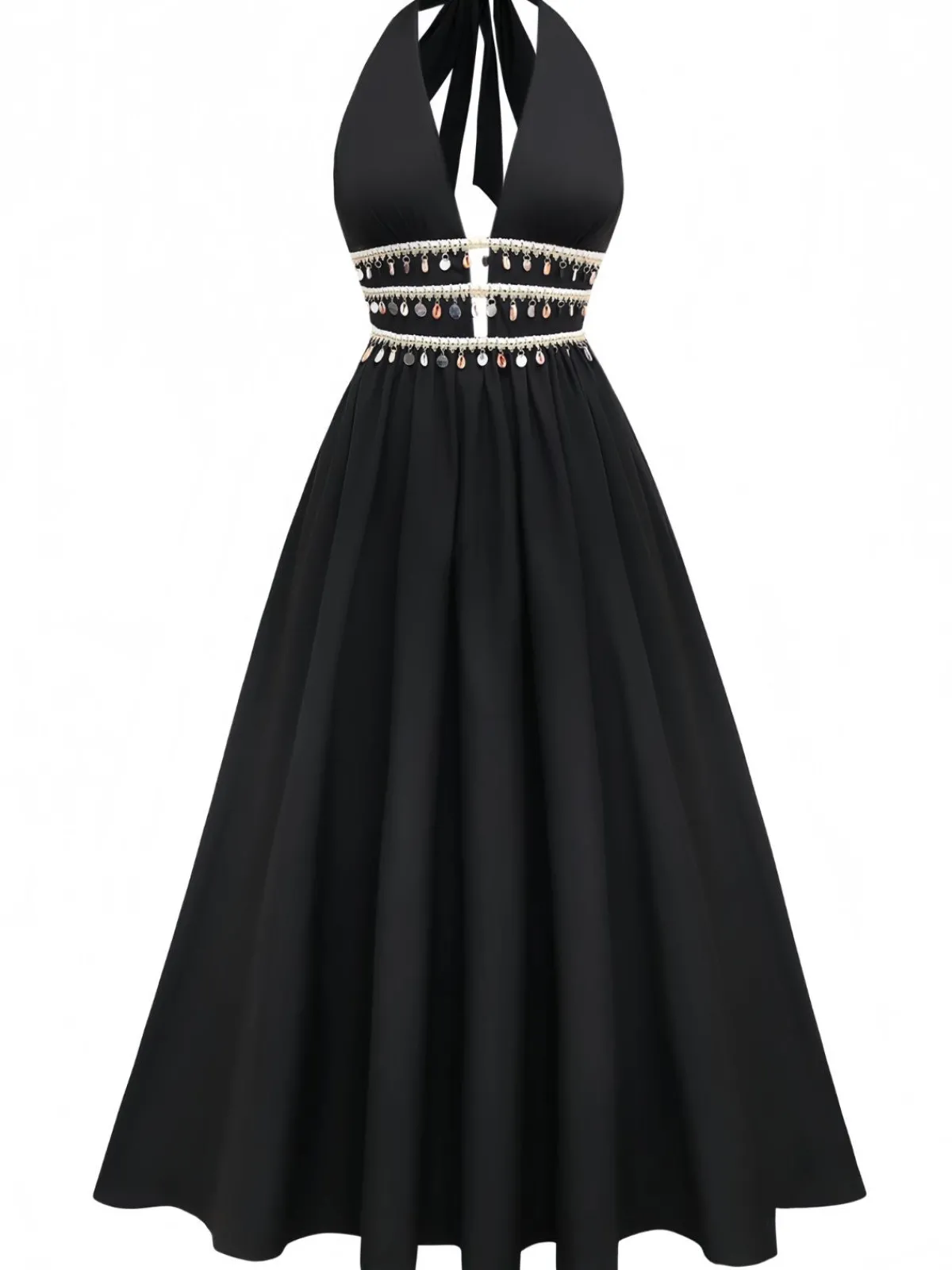 Hot Retro Stage 1970s Bohemian Shell Fringe Smocked Dress Black