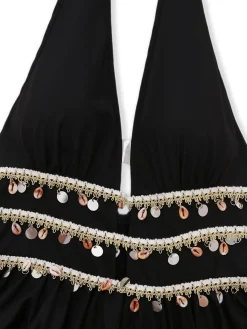 Hot Retro Stage 1970s Bohemian Shell Fringe Smocked Dress Black