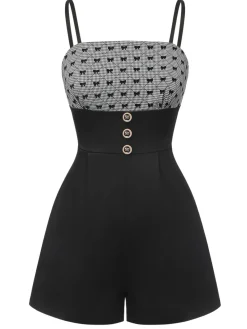 Online Retro Stage 1950s Bow Button Patchwork Strap Romper Black