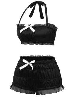 Online Retro Stage 1940s Bowknot Mesh Bandeau Swimsuit Black