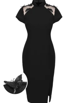 Sale Retro Stage 1960s Butterfly Backless Pencil Dress Black