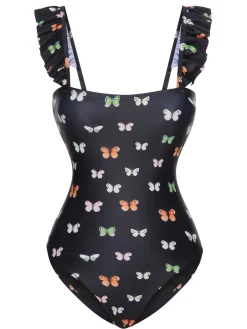 New Retro Stage 1950s Butterfly Flare Sleeve One-Piece Swimsuit Black