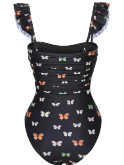 New Retro Stage 1950s Butterfly Flare Sleeve One-Piece Swimsuit Black