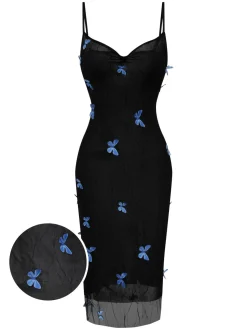 Outlet Retro Stage 1930s Butterfly Mesh Strap Dress Black