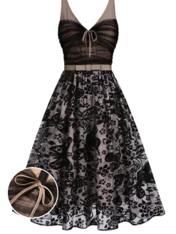 New Retro Stage 1950s Butterfly Mesh Stitching Dress Black
