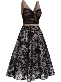 New Retro Stage 1950s Butterfly Mesh Stitching Dress Black