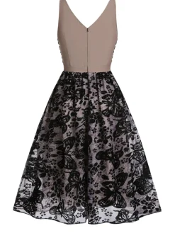 New Retro Stage 1950s Butterfly Mesh Stitching Dress Black