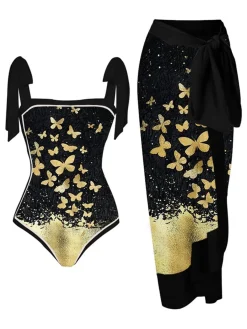 Clearance Retro Stage 1950s Butterfly One-piece Swimsuit & Cover-up Black