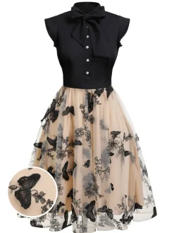 Online Retro Stage Black 1950s Butterfly Patchwork Vintage Dress