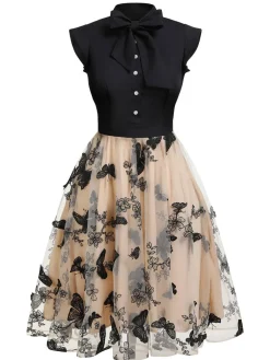Online Retro Stage Black 1950s Butterfly Patchwork Vintage Dress